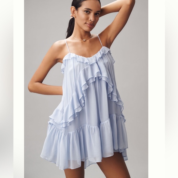 Nwt anthro silk Blue Ruffle Dress - Picture 2 of 11